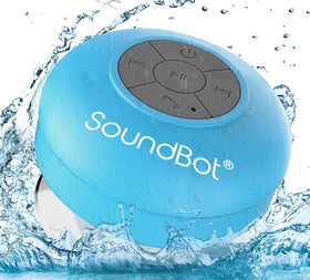 Soundbot SB510 waterproof shower speaker with suction cup mount for hands-free bathroom listening.