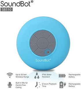Soundbot SB510 compact speaker ideal for showers, gym bags, and home listening.