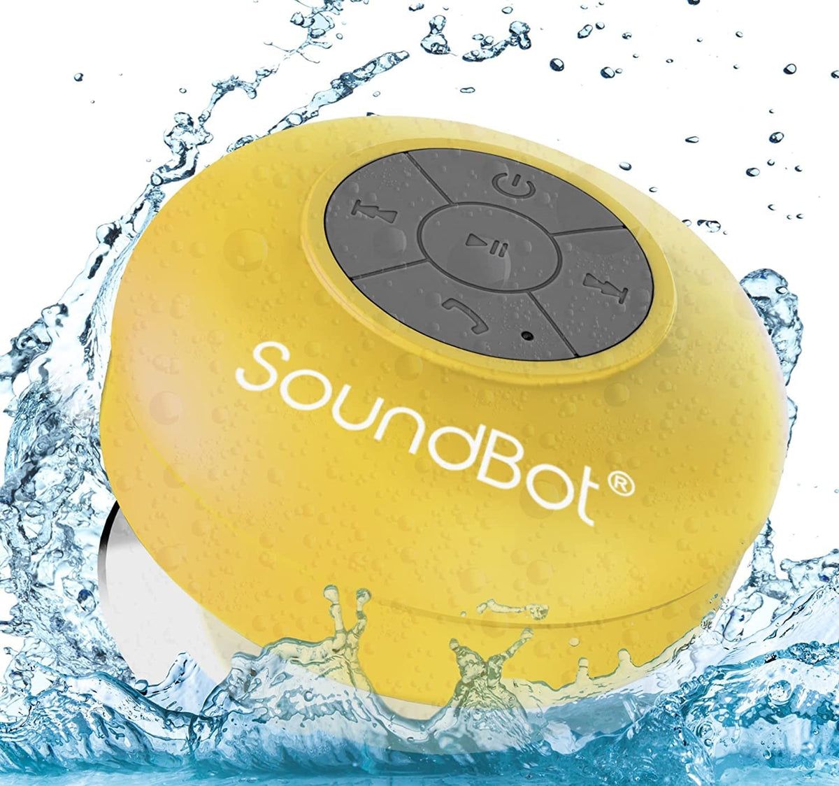 SoundBot SB510 yellow waterproof shower speaker with suction cup for shower listening.