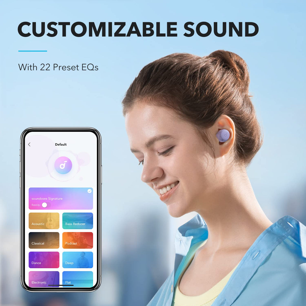 Soundcore A20i earbud close-up showing texture and fit for comfortable long wear