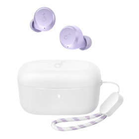 Soundcore A20i front packaging showing purple case and earbuds, highlighting stylish design