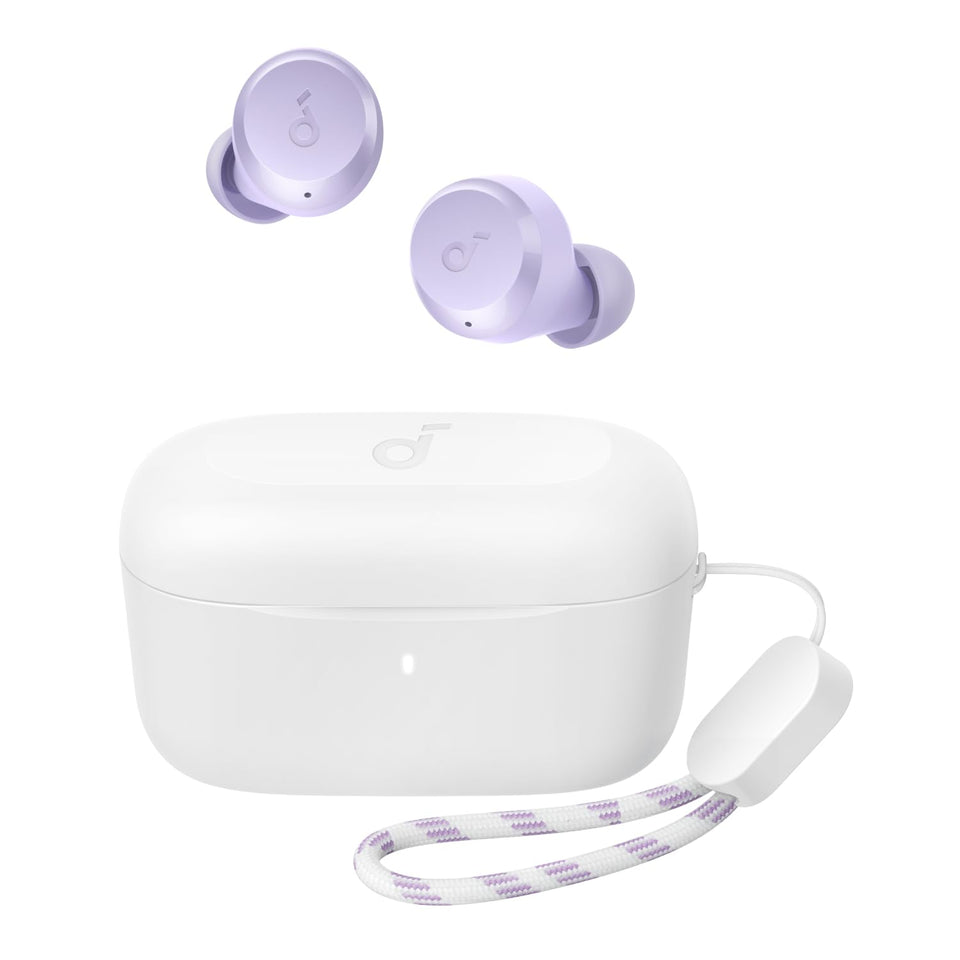 Soundcore A20i front packaging showing purple case and earbuds, highlighting stylish design