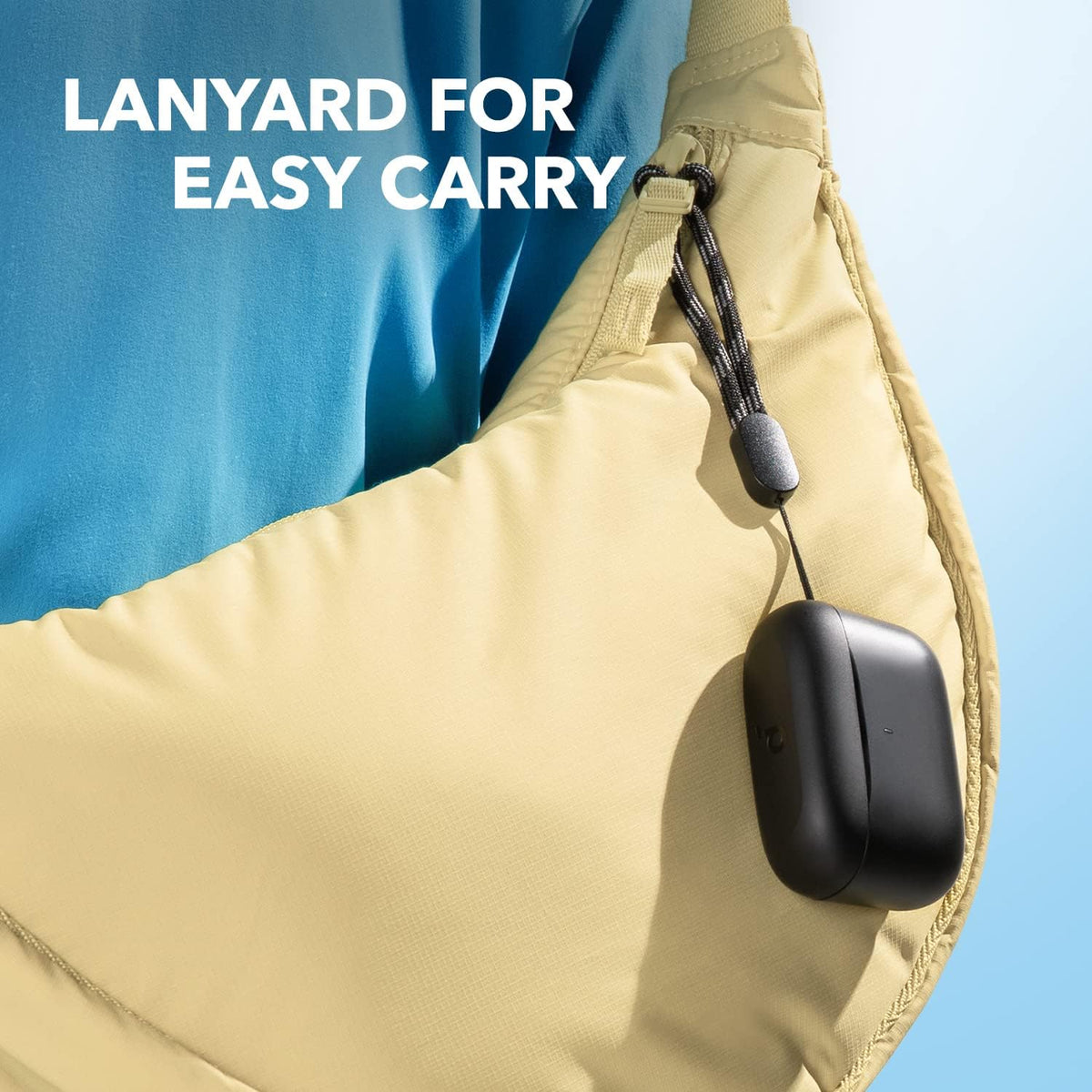 Soundcore A20i case with lanyard emphasizing portability and secure carry