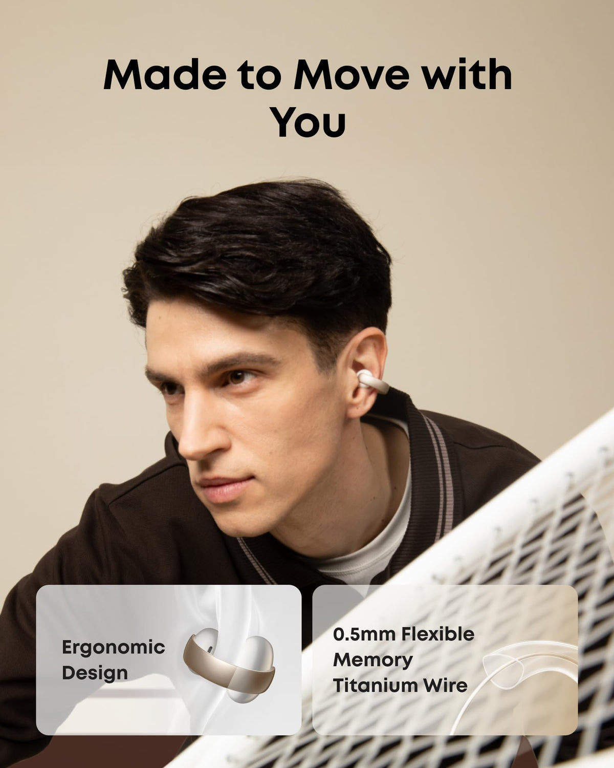 Soundcore AeroClip adaptive comfort hugs the ear for long sessions.