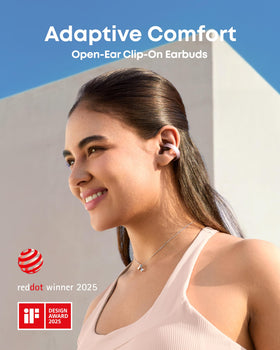 Soundcore AeroClip clip-on design showing a secure, lightweight fit for daily wear.
