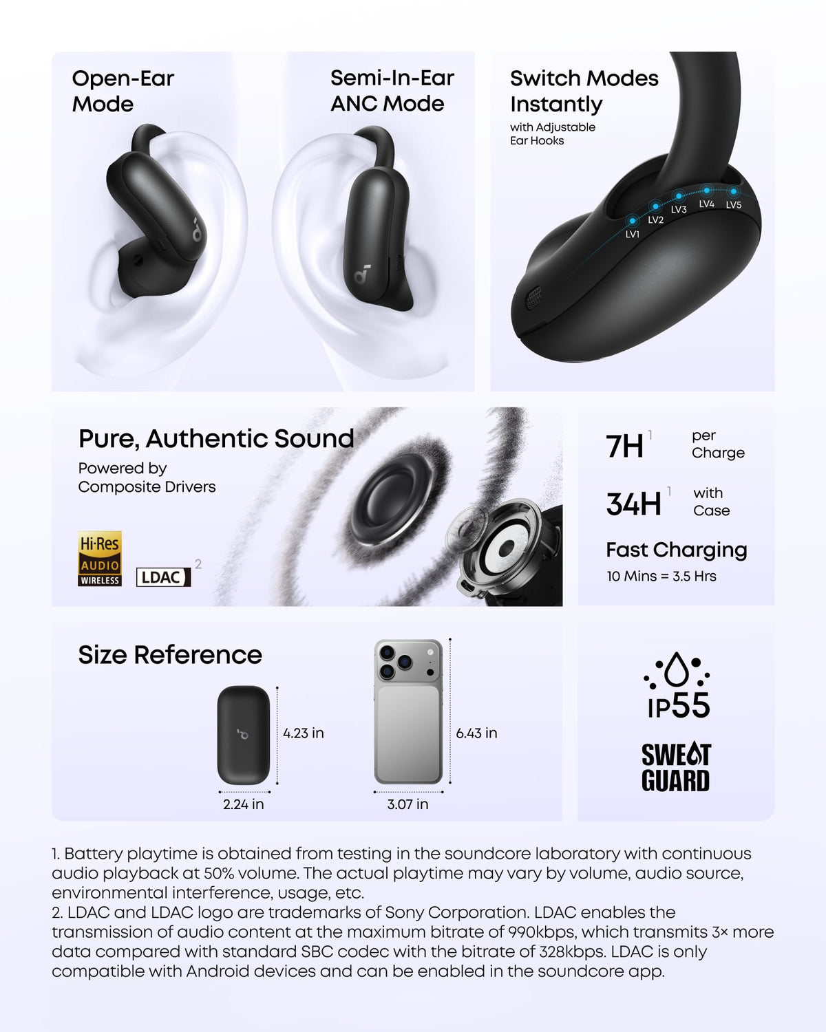Soundcore AeroFit 2 Pro rapid charging adds hours of listening time.