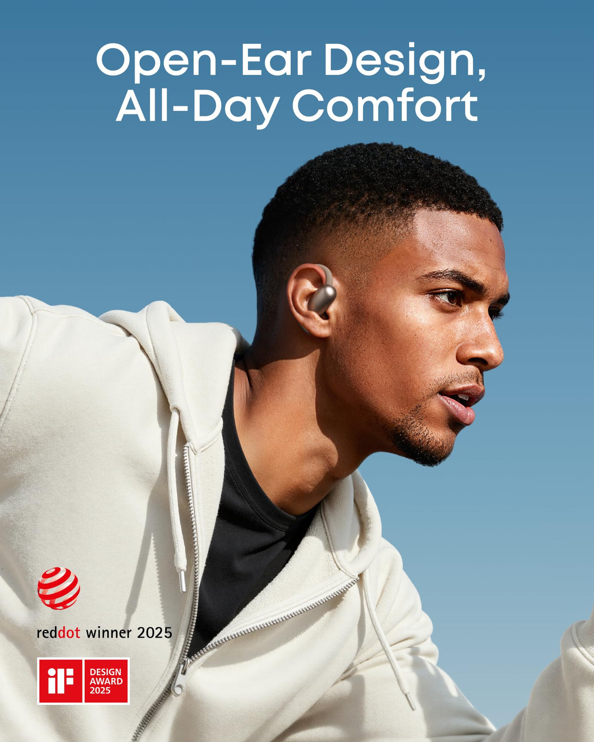 soundcore AeroFit 2 side profile showing adjustable hook, secure comfort benefit
