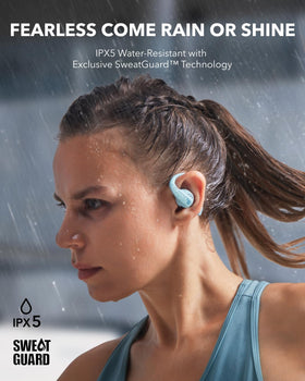 Soundcore AeroFit Pro 46-hour playtime with charging case for extended listening.