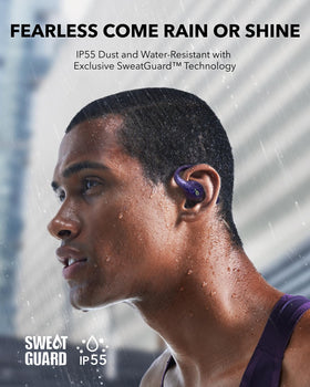 Soundcore AeroFit Pro IP55 SweatGuard durability, sweat-resistant for intense sessions.