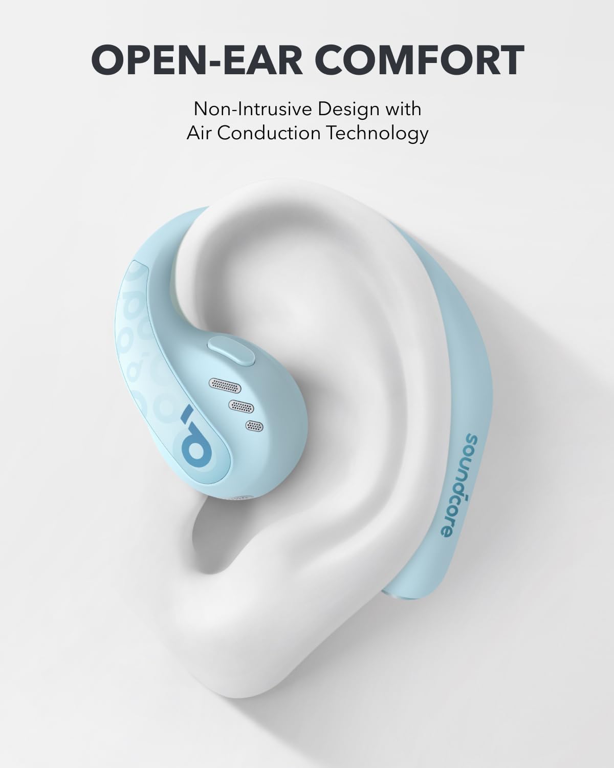 Soundcore AeroFit Pro titanium comfort fit with memory wire for secure all-day wear.