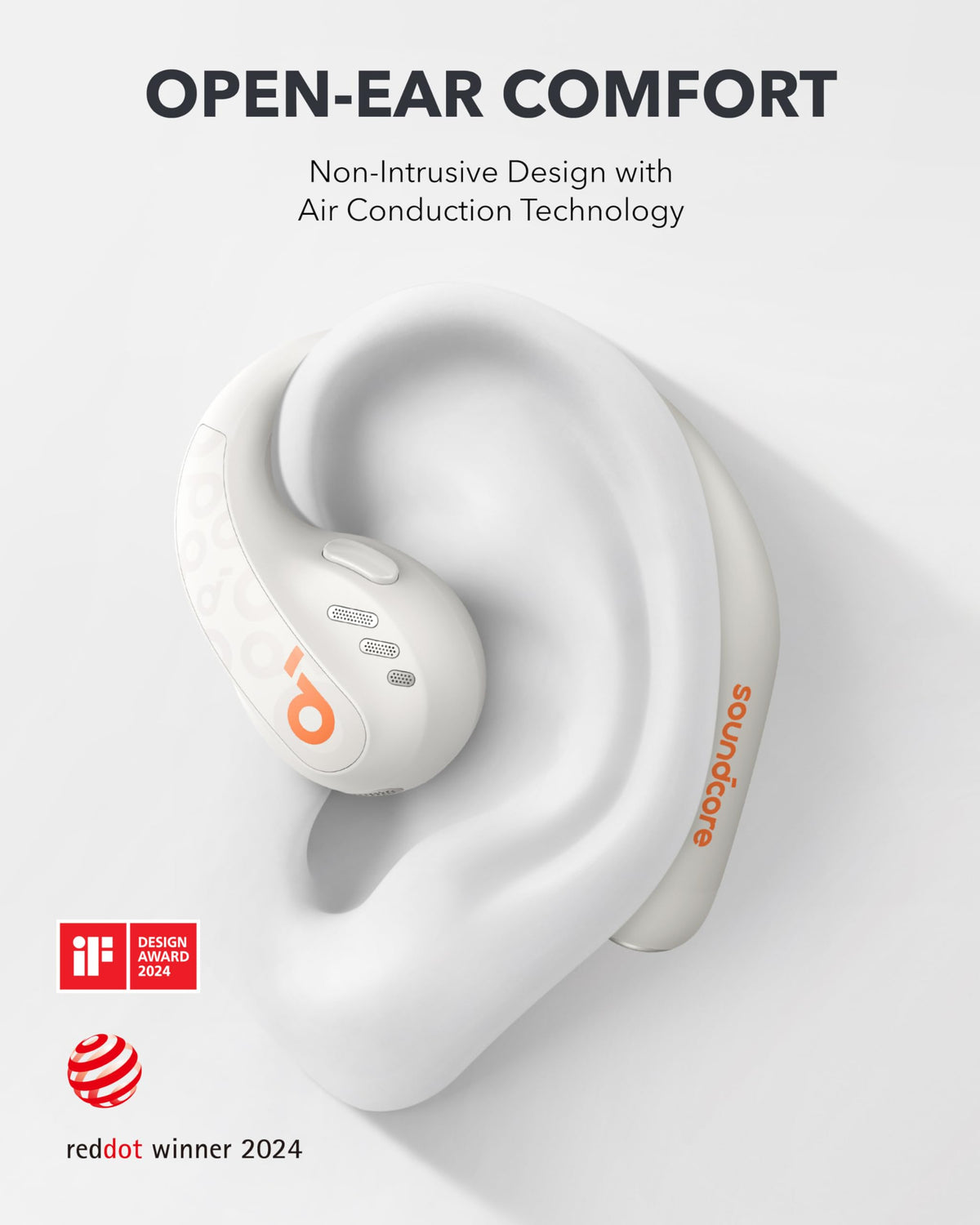 Soundcore AeroFit Pro with titanium ear hooks ensures secure, comfortable fit