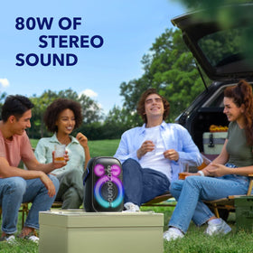 Soundcore Rave Neo 2 PartyCast 2.0 syncing with multiple speakers for synchronized lighting.