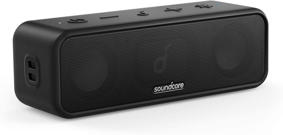 Soundcore front view showing compact speaker and logo for portable listening