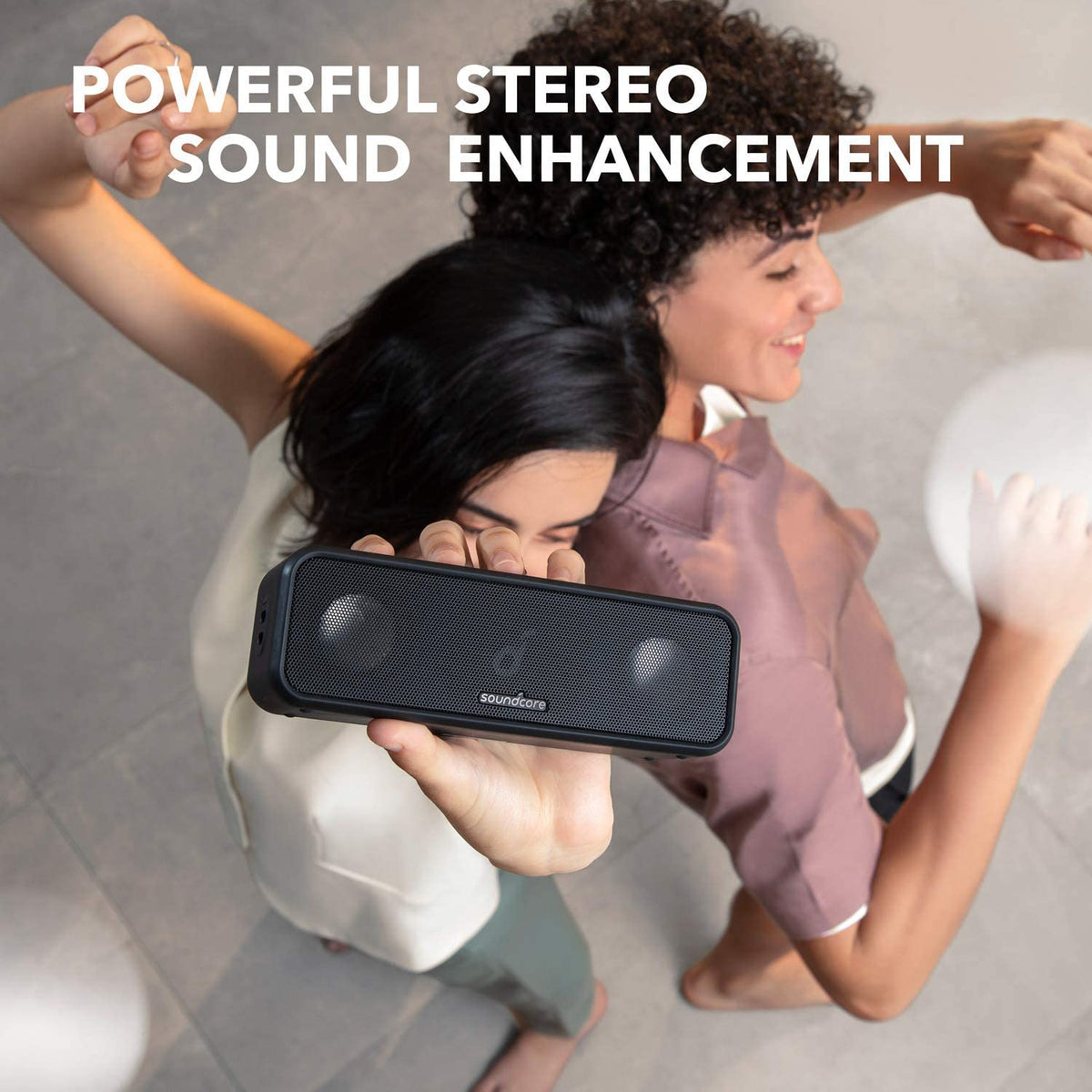 Soundcore top controls close-up illustrating easy playback and volume control