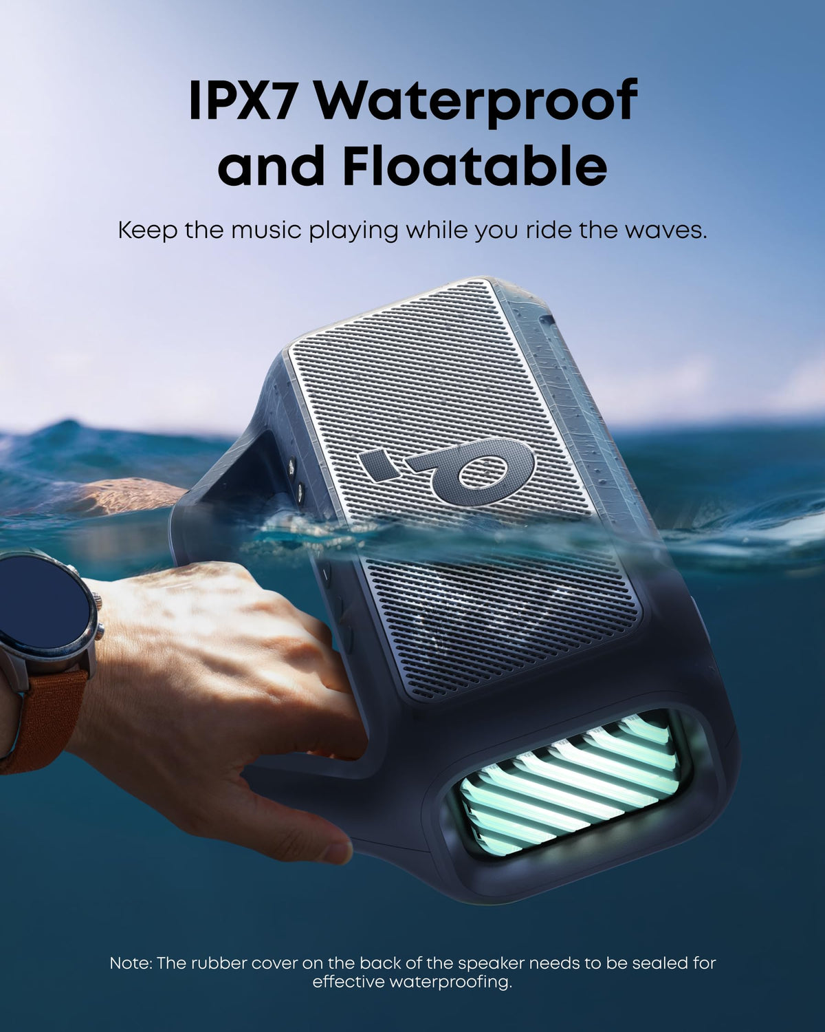 Soundcore Boom 2 IPX7 waterproof design handles rain, splashes, and poolside playback.
