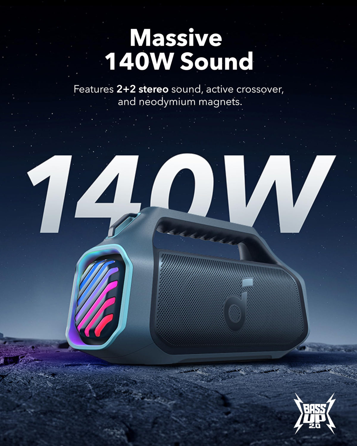 Soundcore Boom 2 Plus dual woofers and tweeters deliver clear highs and deep lows.