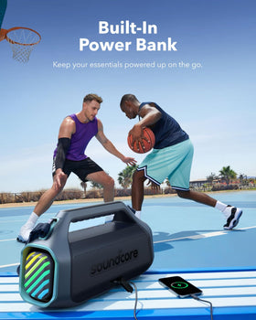 Soundcore Boom 2 Plus portable design ideal for camping and outdoor adventures.