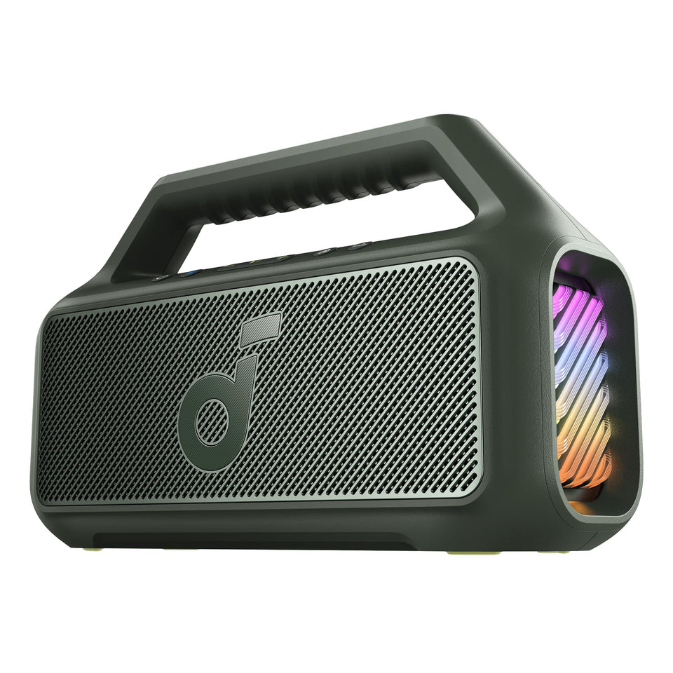 Soundcore Boom 2 subwoofer boosts bass for outdoor listening.