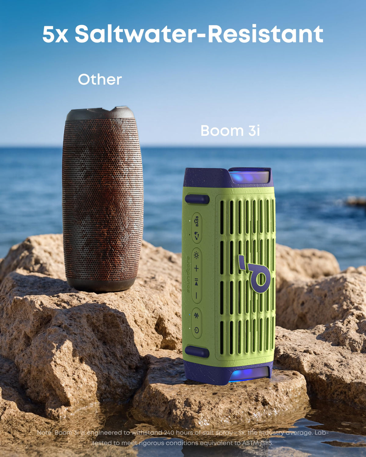 Soundcore Boom 3i BassUp-2-0 delivers powerful bass outdoors.