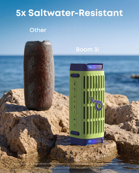 Soundcore Boom 3i BassUp-2-0 delivers powerful bass outdoors.
