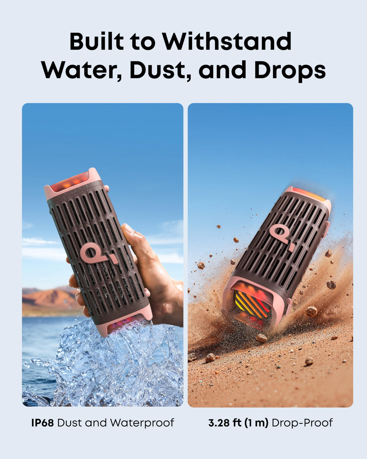 Soundcore Boom 3i IP68 design withstands rain and dust during outdoor adventures.
