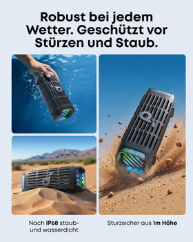 Soundcore Boom 3i shows IP68 waterproof and dustproof protection for rugged outdoor use.
