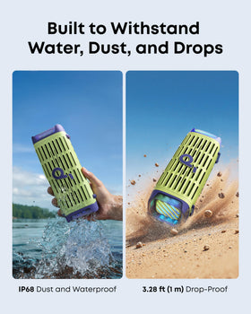 Soundcore Boom 3i showing IP68 waterproofing for beach and travel.