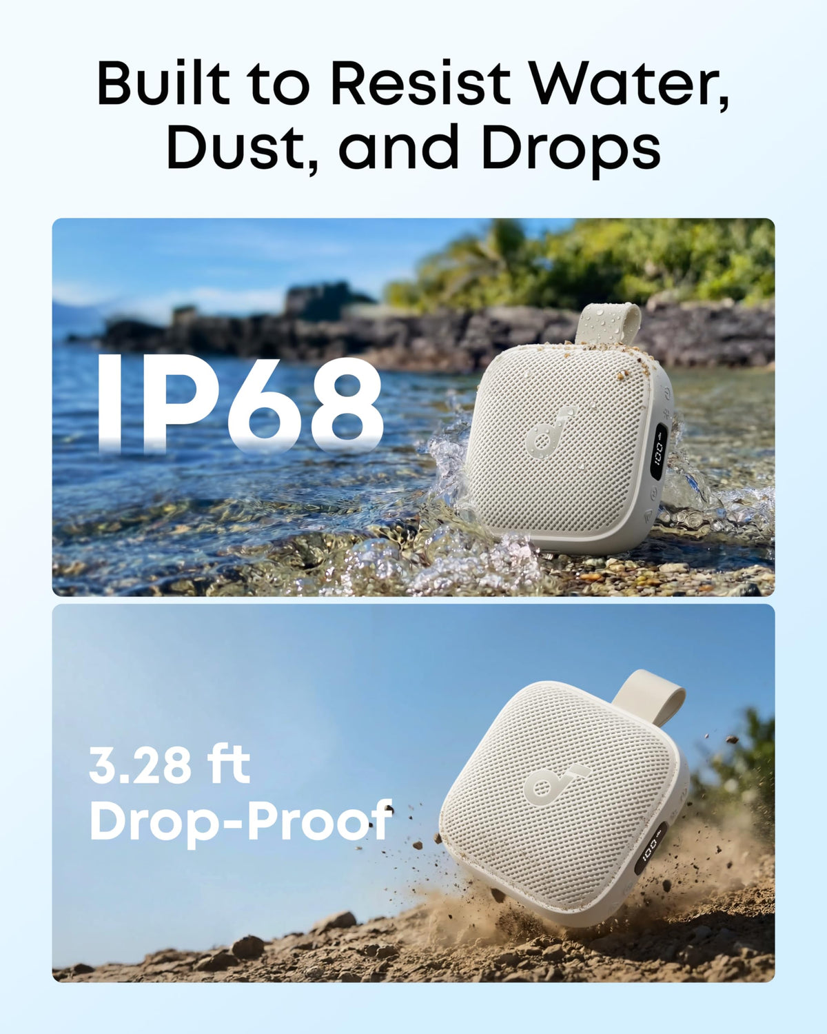 Soundcore Boom Go 3i IP68 rugged seal against water and dust.