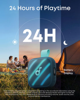 Soundcore Boom Go 3i mounted with strap for hands-free outdoor adventures.