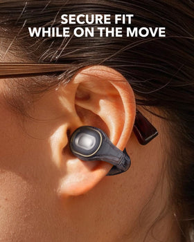 Soundcore C30i attachable ear grip close-up showing installation benefit: improved stability