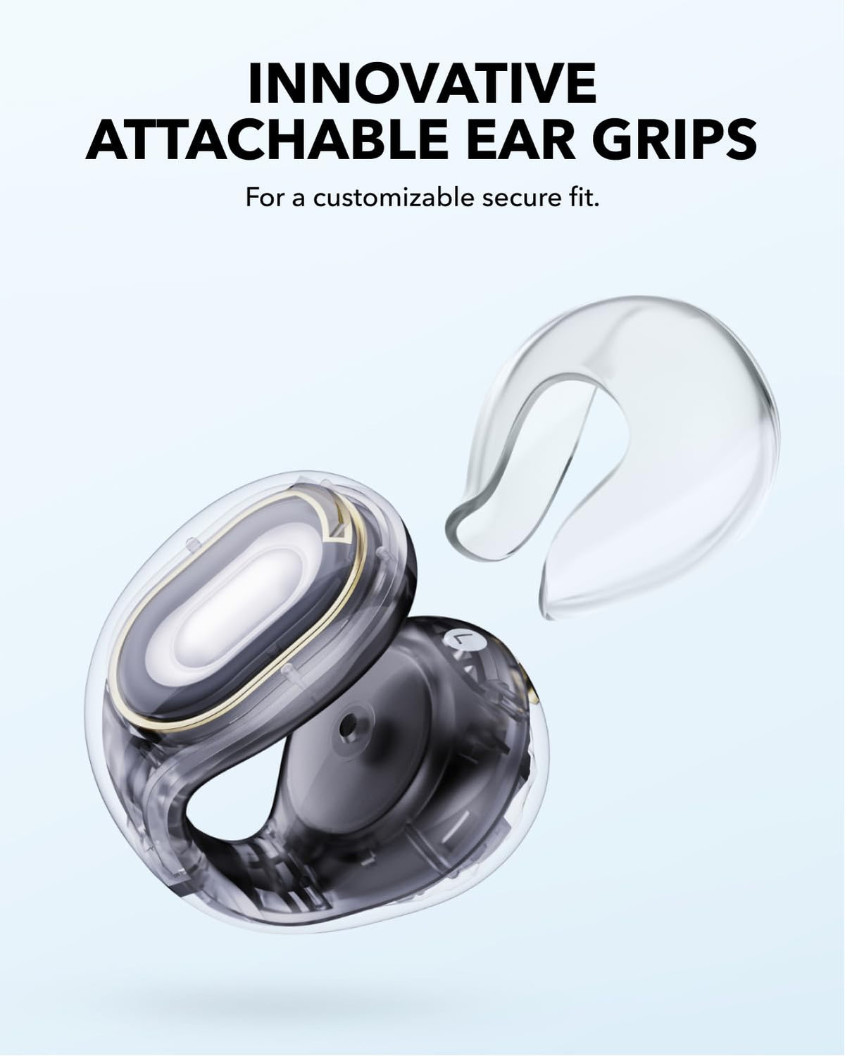 Attachable ear grips on Soundcore C30i improve stability during workouts and outdoor activities.