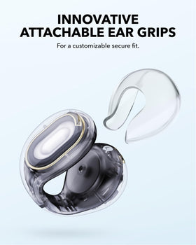 Attachable ear grips on Soundcore C30i improve stability during workouts and outdoor activities.