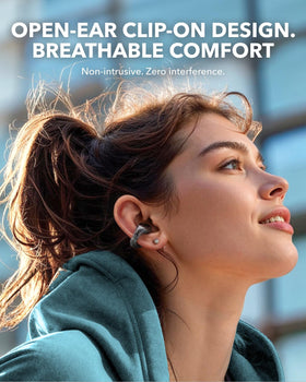 Soundcore C30i side profile clipped on ear showing stable fit benefit: secure movement