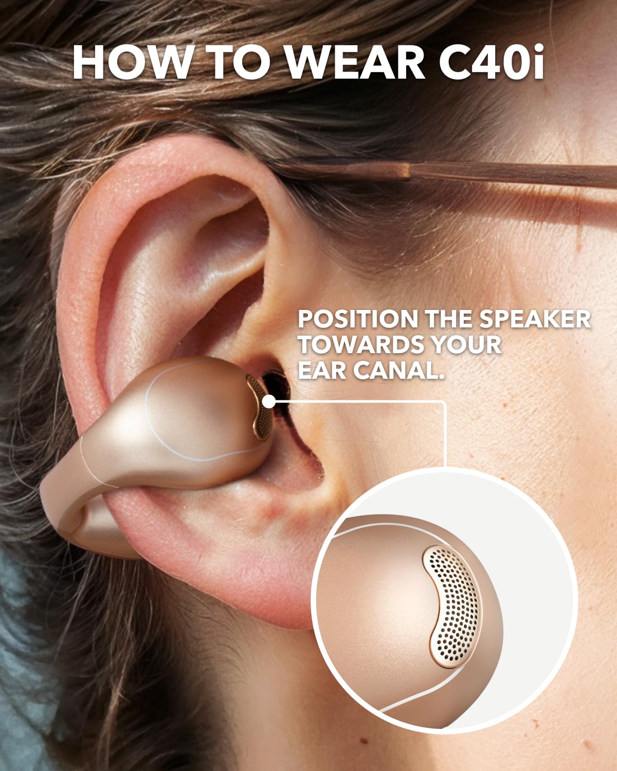 Soundcore C40i rear fit on model showing how clip hugs the ear