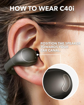 Soundcore C40i held in hand demonstrating compact size and portability