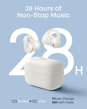 Soundcore C50i charging case open showing earbuds and extended 28-hour battery convenience