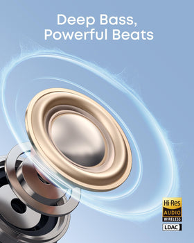 Soundcore C50i 12mm driver detail showing speaker element for powerful bass