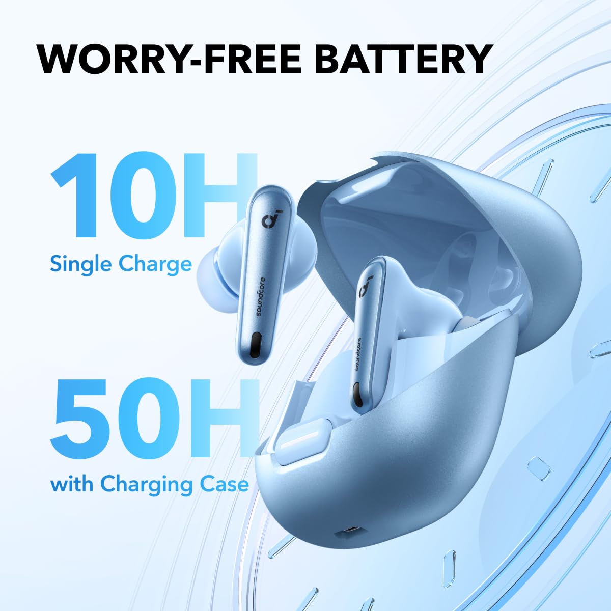 Soundcore Liberty 4 NC earbuds in use, long life up to 50 hours with case.