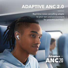 Soundcore Liberty 4 NC earbuds in-ear fit highlighting adaptive ANC 2.0 adjusting to surroundings.