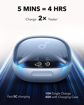 Soundcore Liberty 4 Pro charging case highlighting fast charging and long battery life.