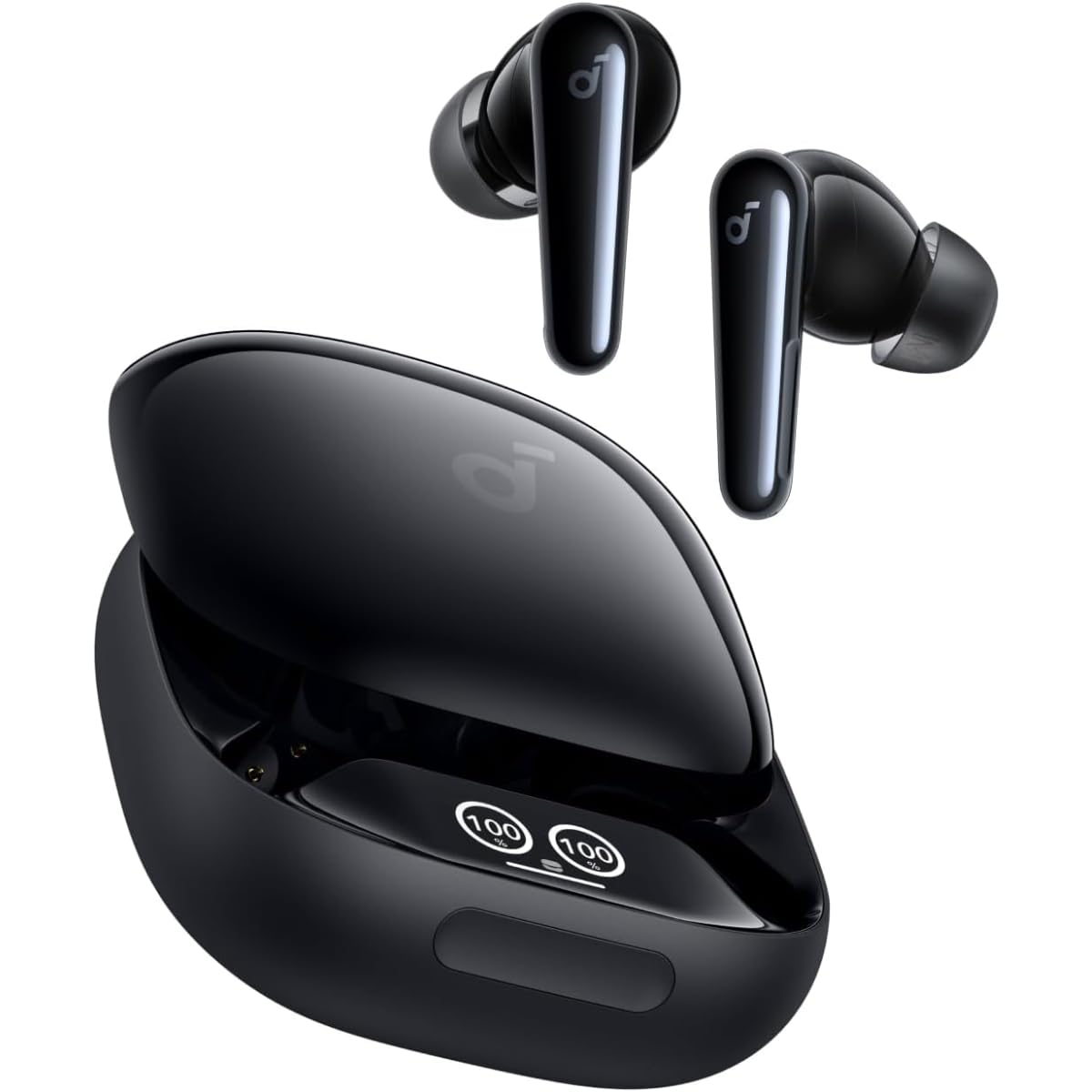 Soundcore Liberty 4 Pro earbuds on case with travel-ready ANC and clear calls