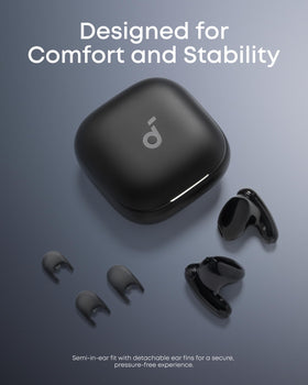 Soundcore Liberty Buds worn in semi-in-ear style for breathable comfort.