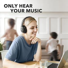 Soundcore Life Q20 memory foam ear cup close-up providing long-wear comfort
