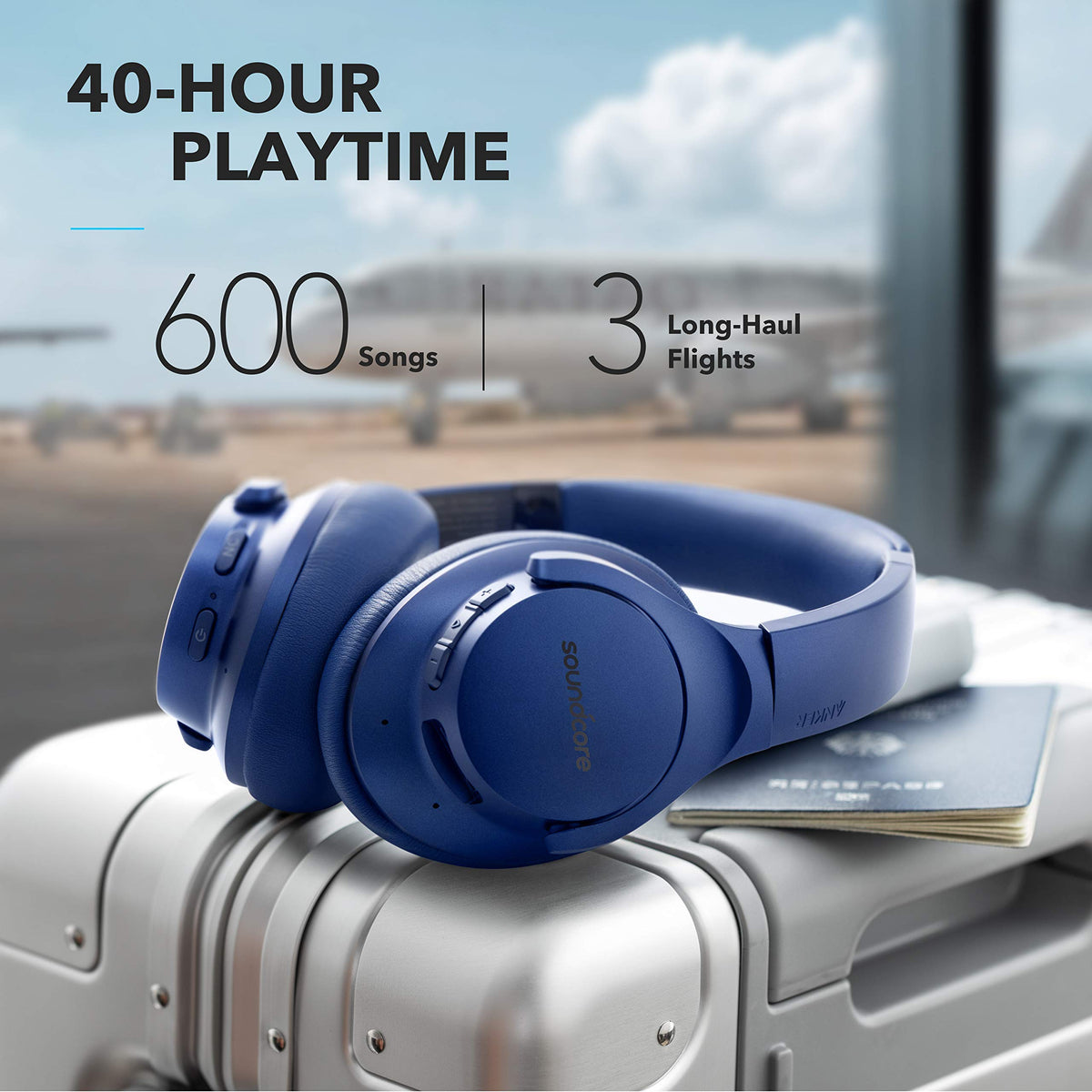 Soundcore Life Q20 worn on ears for secure fit and comfort.