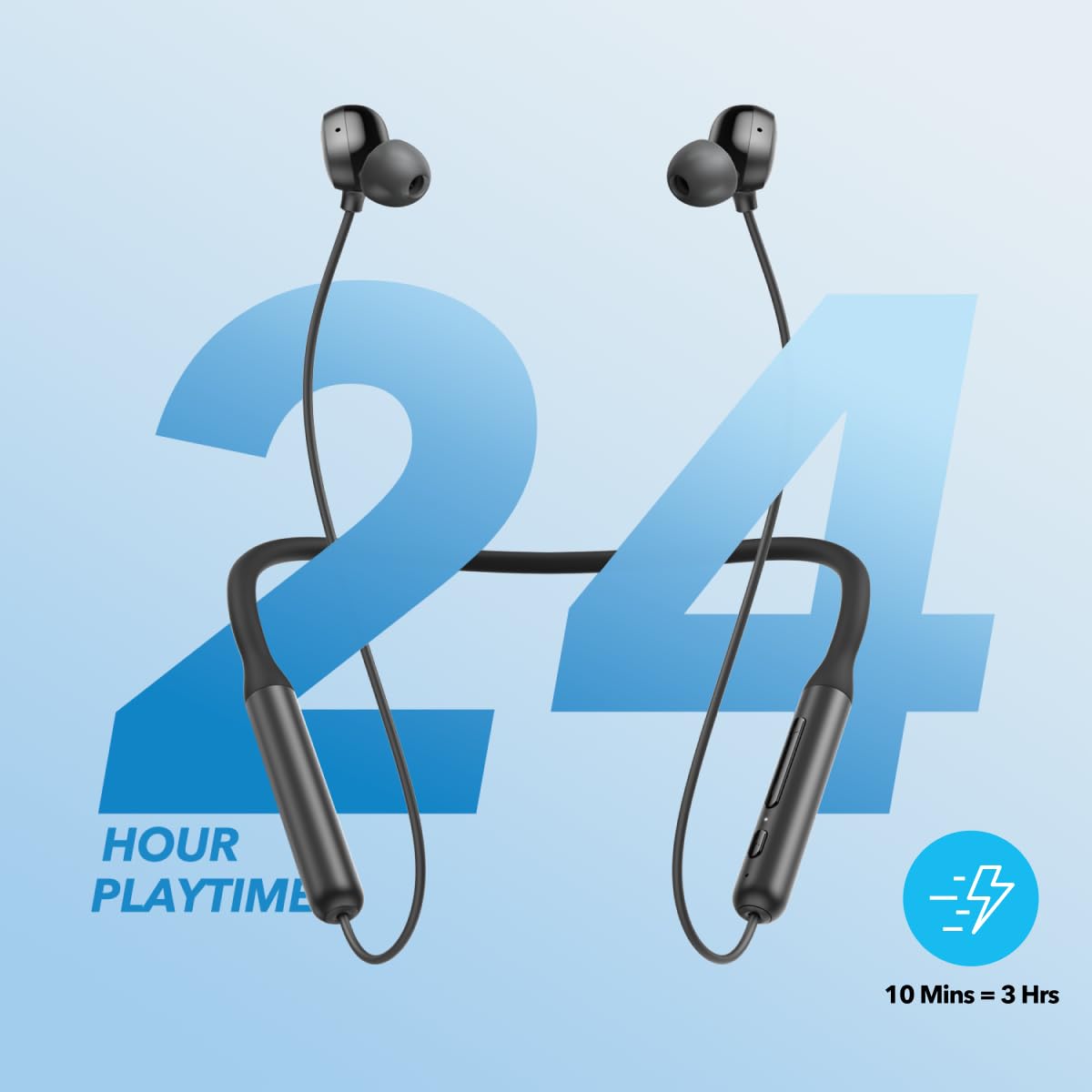 Soundcore Life U2i curved neckband detail showing flexible design and secure fit