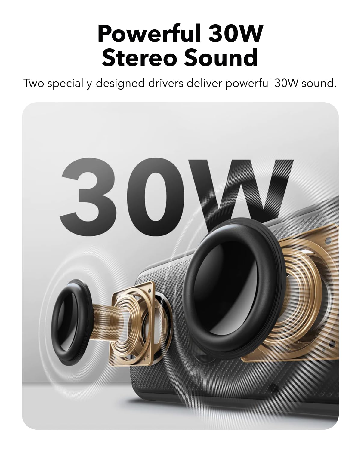 Soundcore Motion 300 30W stereo with punchy bass, portable for on-the-go listening.