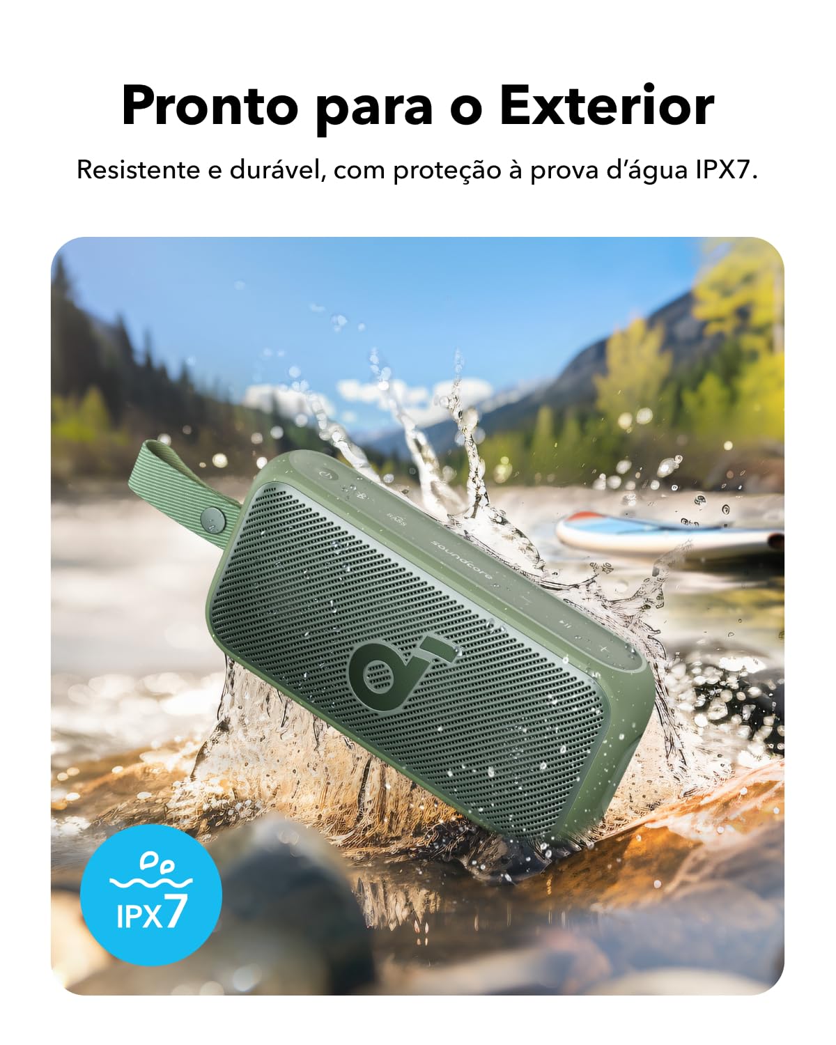 Soundcore Motion 300 green shower scene, waterproof speaker for bathroom playlists.