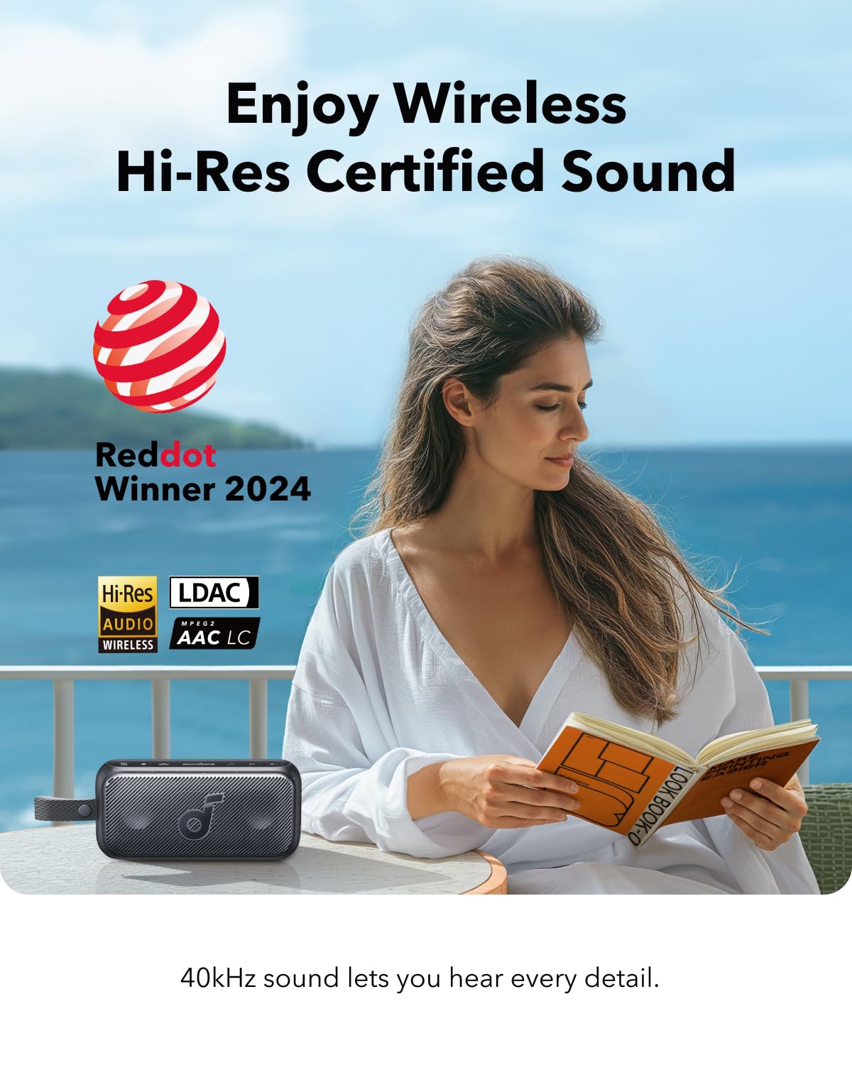 Soundcore Motion 300 side view, ergonomic grip for easy portability on outdoor trips