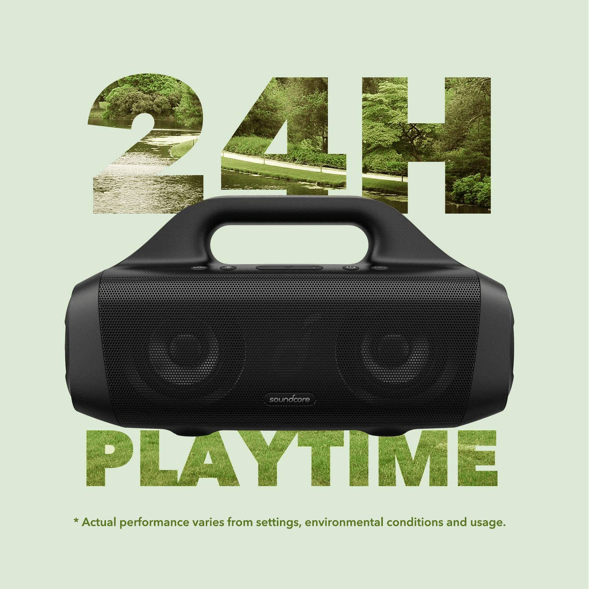 Soundcore Motion Boom angled side panel shows rugged controls and IPX7 protection for water-friendly outings.