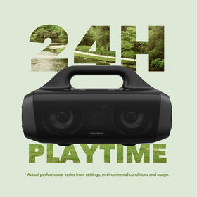 Soundcore Motion Boom angled side panel shows rugged controls and IPX7 protection for water-friendly outings.